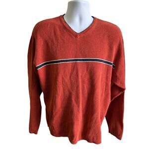 🧶 American Eagle M Rust V-Neck Sweater Stripe Chest Cozy 90s Y2K Preppy Knit